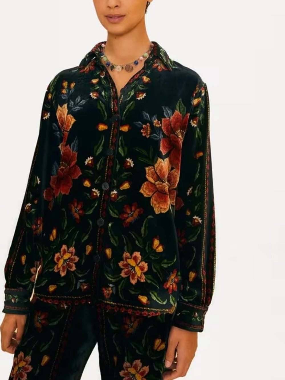 NWT FARM Rio Black Macaws Velvet Button Down Shirt, Size Large